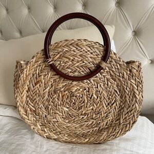 Woven Round Straw Tote with Wooden Handles - Natural